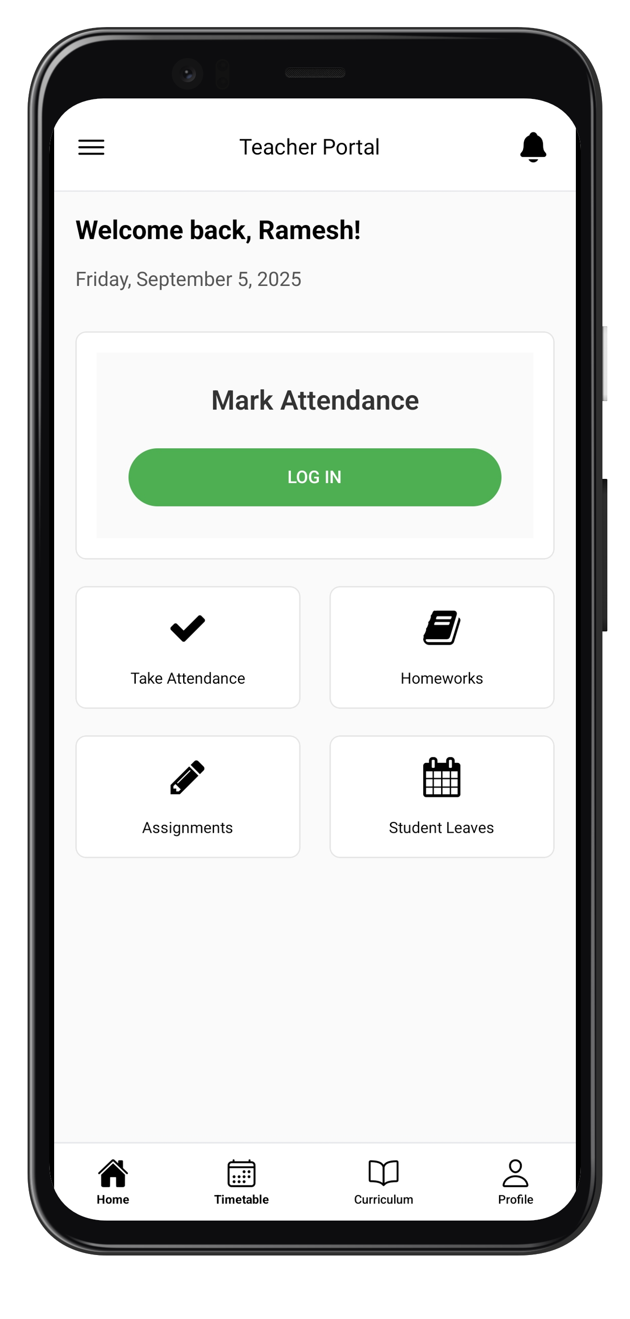 Teacher login screen